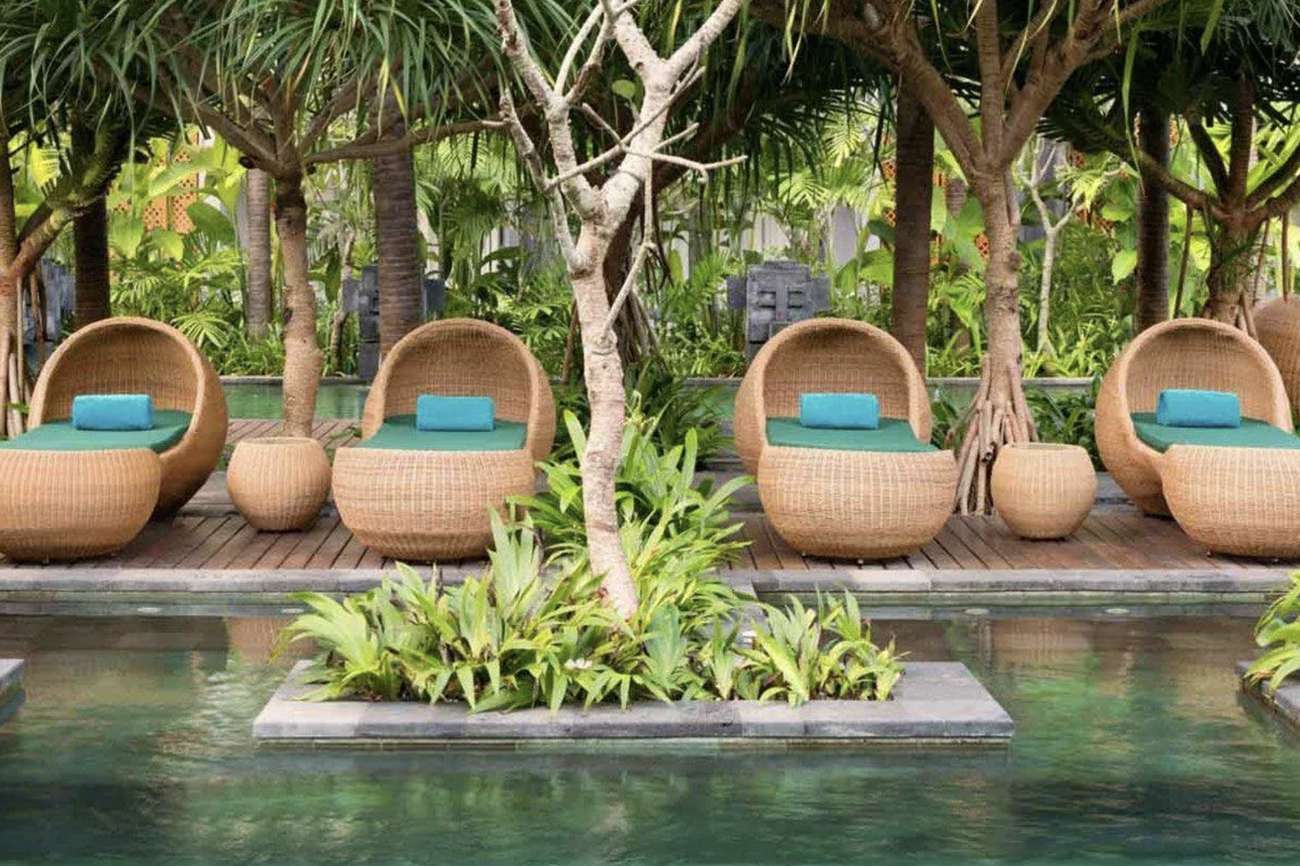 Rattan daybeds along the water
